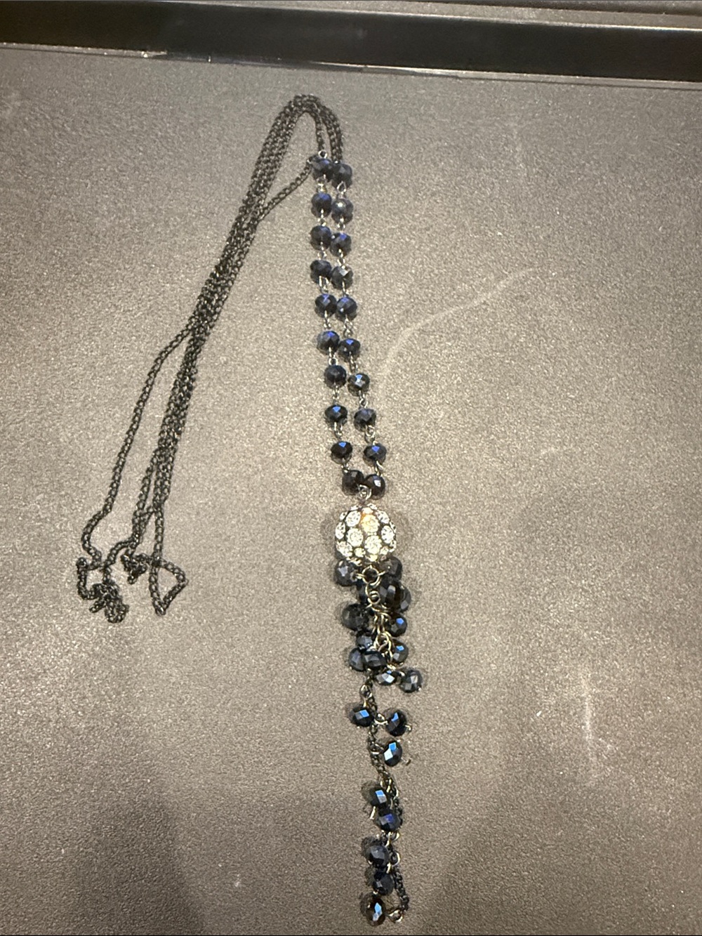 Dark Blue Beaded Pendant Necklace with Crystal Accent